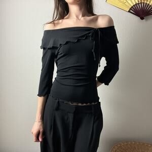 90s black ruffle ruched minimalist off shoulder 3/4 sleeve fitted top blouse